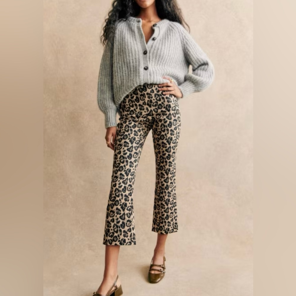 Sezane Ciara Leopard Jacquard Print High Waisted  7/8th Flare Trouser  size 36